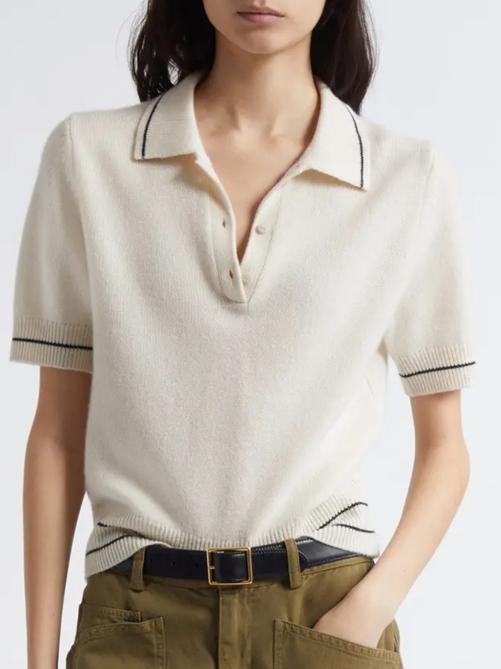 Nili Lotan Carline Ivory Tipped Cashmere Polo Sweater